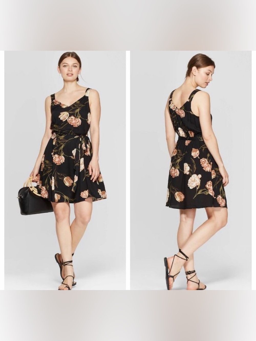 A New Day Women’s Floral Sleeveless V-Neck Woven Dress Plus Size XXL‎ Black Belt